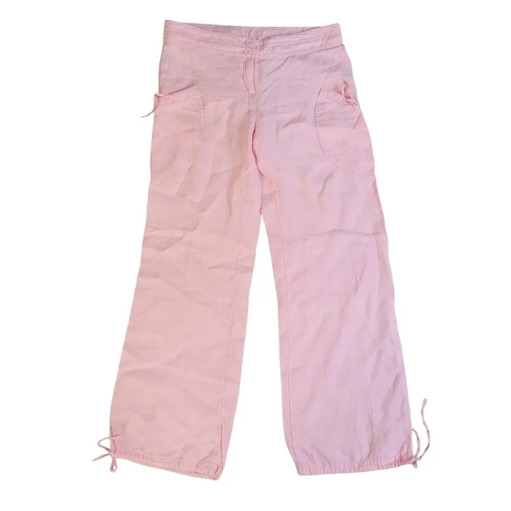 H&M Womens 8 100% Linen Pink Low Rise Wide Leg Pants Drawstring Beach Flowy
